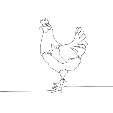 Tavuk, kümes hayvanları, horoz bir çizgi sanat. Sürekli çiftlik, doğa, tarım, çiftlik hayvanları, kırsal yaşam ve çiftlik çizimleri. El çizimi vektör illüstrasyonu