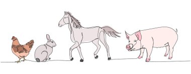 Çiftlik hayvanları, at, tavuk, domuz, tavşan bir çizgi renk, renkli sanat. Çiftlik, doğa, tarım, çiftlik hayvanları, kırsal yaşam, çiftlik işçilerinin çizdiği çizimler devam ediyor.