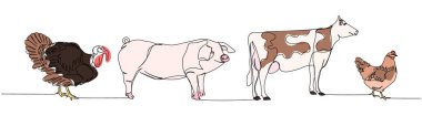 Çiftlik hayvanları, tavuk, domuz, hindi, inek tek renk, renkli sanat. Sürekli çiftlik, doğa, tarım, çiftlik hayvanları, kırsal yaşam ve çiftlik çizimleri. El çizimi vektör illüstrasyonu