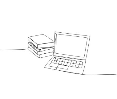Laptop ve kitaplar, ders kitapları bir satır sanat. Sürekli online öğrenme, öğrenci hayatı, bilgi, okul ve eğitim çizimleri. El çizimi vektör illüstrasyonu