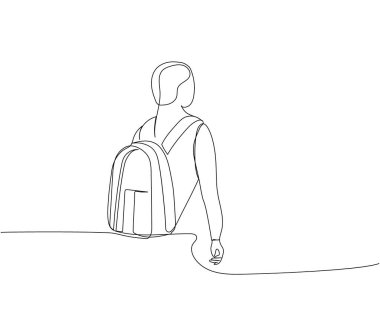 Büyük sırt çantalı bir öğrenci, okul bir satır sanat malzemesi sağlıyor. Devamlı online öğrenme, bilgi, çalışma, okul üniforması, çanta, eğitim çizimleri. El çizimi vektör illüstrasyonu