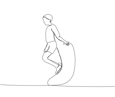 Bir çocuk ip atlıyor, beden eğitimi dersi, spor bir çizgi sanat. Çevrimiçi bilgi, öğrenim, eğitim, eğlence, öğrenci hayatı, el çizimi vektör çizimi aralıksız çizimi