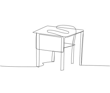 Okul masası, sandalye, çalışma, ilkokul sanat. Çevrimiçi öğrenme, eğitim, bilgi, okul mobilyası, el çizimi vektör illüstrasyonunun kesintisiz çizimi