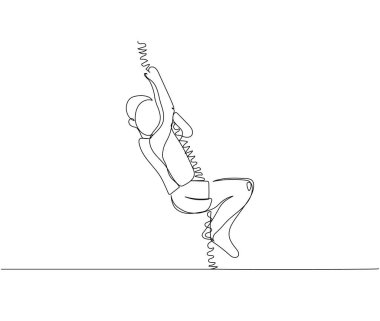 Öğrenci ipe tırmanıyor, beden eğitimi dersi alıyor, tek satırlık spor yapıyor. Sürekli çevrimiçi bilgi, öğrenme, eğitim, öğretim ve beden eğitimi çizimleri. El çizimi vektör illüstrasyonu