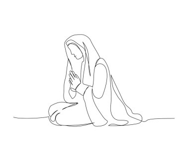 Arap kadın diz çöküp dua ediyor. Çevrimiçi Müslümanların, İslam 'ın, geleneklerin, kıyafetlerin, halkın, doğuluların aralıksız çizimleri. El çizimi vektör illüstrasyonu