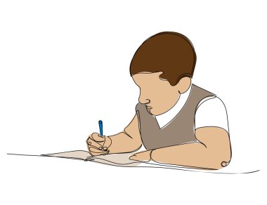 Çocuk bir kağıt parçasına yazıyor, resim çiziyor, okul çocuğuna tek satır renkli resim çiziyor. Sürekli online öğrenme, bilgi, biliş, okul ve anaokulu çizimleri. El çizimi vektör illüstrasyonu