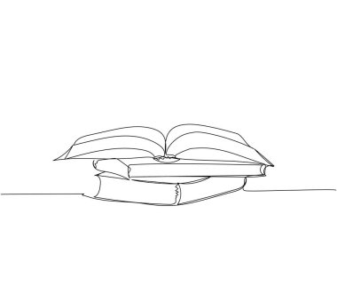 Masanın üzerinde açık kitaplar, ders kitapları, tek satırlık sanat çalışmaları için edebiyat. Devamlı online öğrenme, bilgi, kavrayış, bilim, öğrenci hayatı, okul çizimleri. El çizimi vektör illüstrasyonu