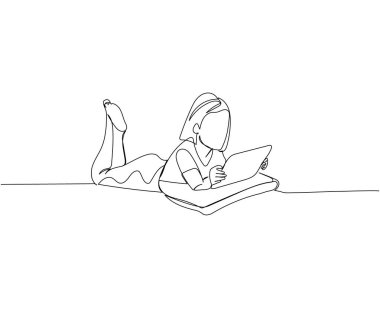 Tabletle oynayan bir kız, eğitim oyunları, etkileşimli tek satırlık sanat. Çevrimiçi öğrenme, bilgi, biliş, eğitim video oyunlarının kesintisiz çizimleri. El çizimi vektör illüstrasyonu