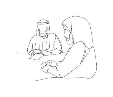 Arap işadamı ortakla, işle, tek satırlık sanatla pazarlık ediyor. Çevrimiçi Müslümanların, İslam 'ın, geleneklerin, kıyafetlerin, halkın, doğuluların aralıksız çizimleri. El çizimi vektör illüstrasyonu