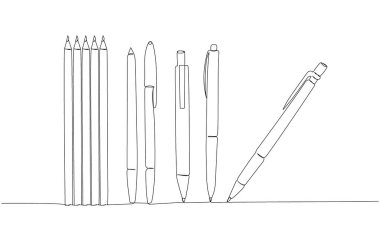 Kalem, kalem, mekanik kalem bir satır sanat. Devamlı online öğrenme, okul malzemeleri, kırtasiye malzemeleri, sınav, ofis malzemeleri, eğitim çizimleri. El çizimi vektör illüstrasyonu