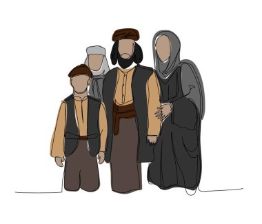 Ulusal giyinmiş Müslüman bir aile. Baba, anne ve çocuklar, Araplar tek renk sanatı. Çevrimiçi Müslümanların, İslam 'ın, geleneklerin, kıyafetlerin, halkın, doğuluların aralıksız çizimleri. El çizimi vektör illüstrasyonu