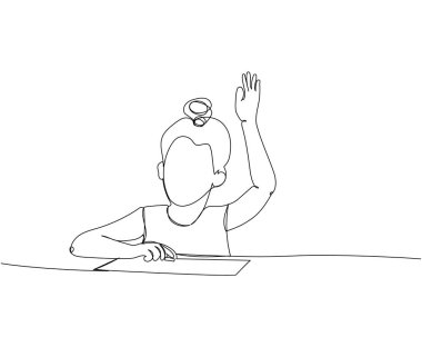 Küçük kız ders çalışıyor, sınıfa cevap veriyor, el kaldırıyor. Çevrimiçi öğrenme, bilgi, okul, hazırlık, cevap, ders el çizilmiş vektör illüstrasyonunun sürekli çizimi