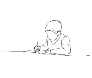 Çocuk bir kağıt parçasına yazıyor, resim çiziyor, okul çocuğuna bir satır sanat eseri çiziyor. Sürekli online öğrenme, bilgi, biliş, okul ve anaokulu çizimleri. El çizimi vektör illüstrasyonu