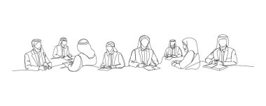 Bir grup Arap işadamı ortaklık, ticaret ve sanat eserleriyle pazarlık ediyor. Çevrimiçi Müslümanların, İslam 'ın, geleneklerin, kıyafetlerin, halkın, doğuluların aralıksız çizimleri. El çizimi vektör illüstrasyonu