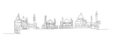 Bir cami seti, Müslümanlar için dua evi, mimari tek sıra sanat. Çevrimiçi Müslümanların, İslam 'ın, geleneklerin, kıyafetlerin, halkın, doğuluların aralıksız çizimleri. El çizimi vektör illüstrasyonu