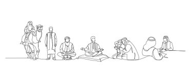 Set of Arab man, Bedouins, businessmen, Muslims one line art. Continuous line drawing of online Muslims, Islam, traditions, clothing, folk, oriental. Hand drawn vector illustration clipart