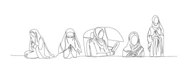 Bir dizi Arap kadın, kadın hakları, bir satır sanat. Çevrimiçi Müslümanların, İslam 'ın, geleneklerin, kıyafetlerin, halkın, doğuluların aralıksız çizimleri. El çizimi vektör illüstrasyonu