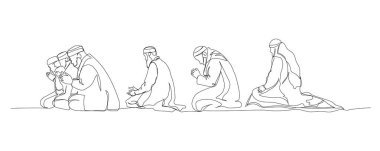 Bir dizi Müslüman adam dizlerinin üzerinde dua ediyor. Çevrimiçi Müslümanların, İslam 'ın, geleneklerin, kıyafetlerin, halkın, doğuluların aralıksız çizimleri. El çizimi vektör illüstrasyonu