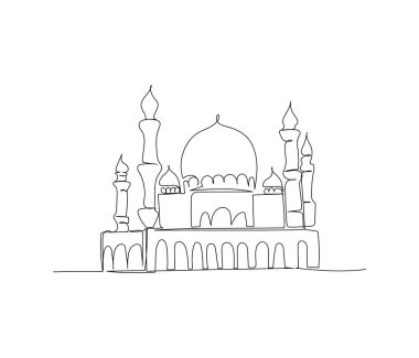 Cami, Müslümanlar için ibadet evi, mimarlık tek satır sanat. Çevrimiçi Müslümanların, İslam 'ın, geleneklerin, kıyafetlerin, halkın, doğuluların aralıksız çizimleri. El çizimi vektör illüstrasyonu