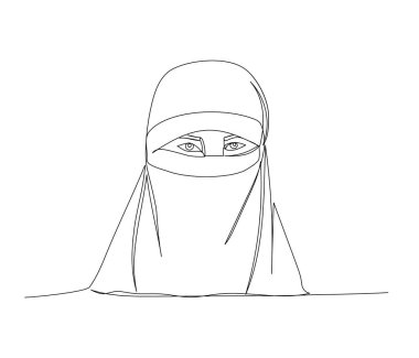 Ulusal giysili Arap kadın, çarşaf, bir çizgi sanatı. Çevrimiçi Müslümanların, İslam 'ın, geleneklerin, kıyafetlerin, halkın, doğuluların aralıksız çizimleri. El çizimi vektör illüstrasyonu