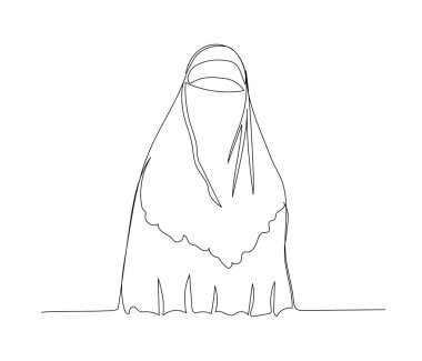 Ulusal giysili Arap kadın, çarşaf, bir çizgi sanatı. Çevrimiçi Müslümanların, İslam 'ın, geleneklerin, kıyafetlerin, halkın, doğuluların aralıksız çizimleri. El çizimi vektör illüstrasyonu