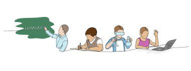 Sınıfta cevap veren bir grup öğrenci, bir renk sanatına cevap veren öğretmenler. Çevrimiçi öğrenme, bilgi, okul, hazırlık, cevap, ders el çizilmiş vektör illüstrasyonunun sürekli çizimi