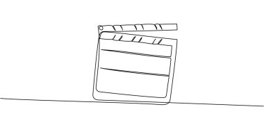 Geleneksel bir film alkış tahtasının tek çizgili siyah hatları. Film sahneleri, film yapımı süreci ve üretim planlama ekipmanlarını sembolize eden asgari sanat