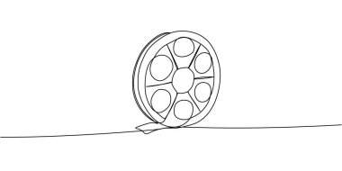 Görünür film kaseti olan bir film makarasının soyut siyah taslağı. Geleneksel analog sinema ve film yapımı estetiğini temsil eden temiz ve minimal bir doğrusal tasarım..