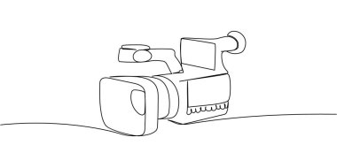 El kamerasının en az çizgisel çizimi. Video kaydı, vloglama, içerik oluşturma veya film yapma ekipmanlarını sembolize eden basit siyah çizgi sanatı