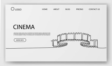 Sinema temalı bir web sitesinde kahraman görüntüsü olarak kullanılan kıvrımlı bir film şeridinin soyut doğrusal çizimi. Eğlence ve filmde web ve UX kavramları için basit siyah ana hat tasarımı.