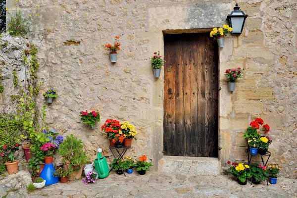 Vasi Fiori Fronte Una Casa Pollenca Maiorca Isole Baleari Spagna — Foto Stock