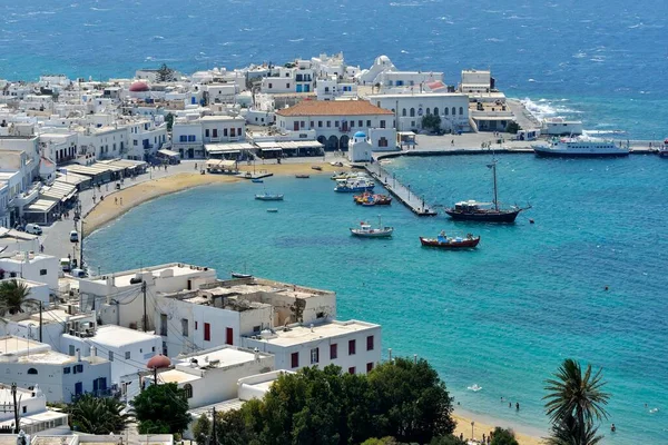 Mykonos Town Chora Mykonos Cyclades Yunanistan Avrupa Limanlarının Manzarası — Stok fotoğraf