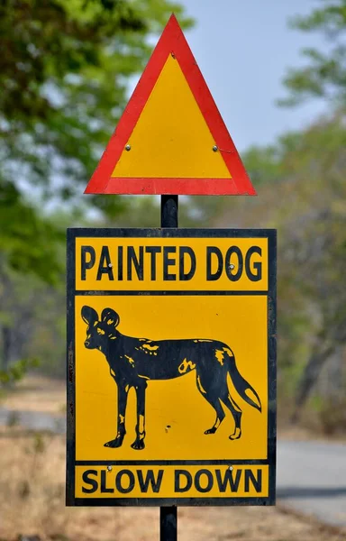 Znak Ostrzegawczy Malowany Pies Uwaga Afrykańskie Dzikie Psy Park Narodowy — Zdjęcie stockowe