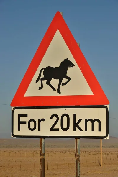 Señal Advertencia Caballos Atención Cerca Aus Región Karas Namib Namibia —  Fotos de Stock
