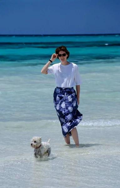Young Woman Little Dog Beach Mallorca Spain Europe — Stock Photo, Image