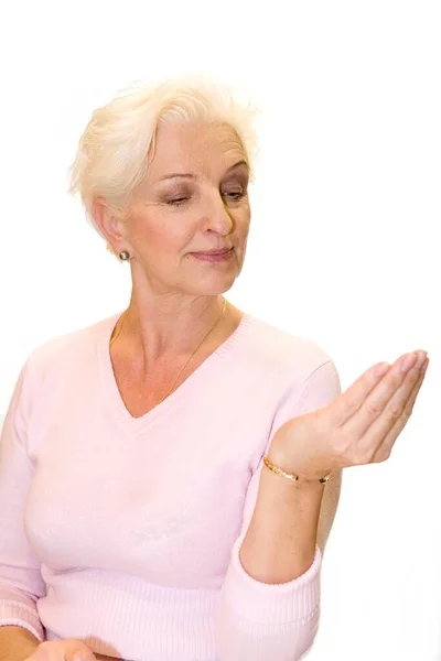 Woman Smiling Looking Her Palm — Stock Photo, Image