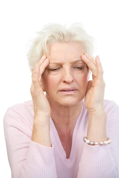 Old Woman Putting Hands Her Temple Face Twisted Pain — Stock Photo, Image