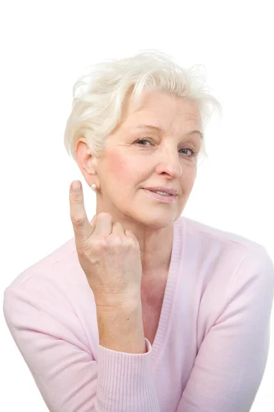 Stara Kobieta Podnosząca Palec Wskazujący Złośliwa — Zdjęcie stockowe
