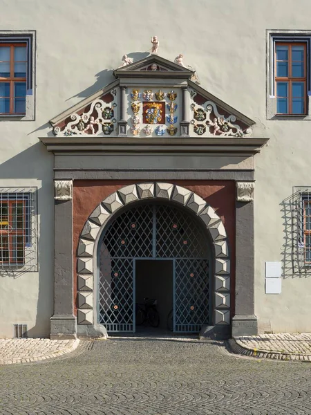 Red castle,  historical facade with portal, part of the Duchess Anna Amalia Library, Weimar, Thuringia, Germany, Europe