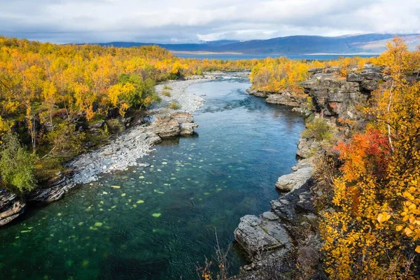 Jesienny Kanion Abisko Rzeka Abijka Abiskojakka Abisko Park Narodowy Norrbotten — Zdjęcie stockowe