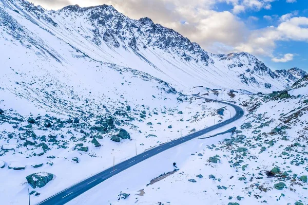 Pass Road Flela Pass Winter Uitzicht Lucht Kanton Graubnden Zwitserland — Stockfoto