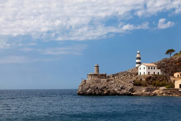 stock image Punta de sa Creu with the Sa Creu lighthouse and the remains of the Bufador lighthouse, Port de Soller, Soller, Majorca, Balearic Islands, Spain, Europe