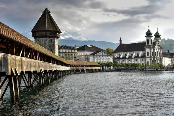 Chapel Bridge Jesuit Church Lucerne Switzerland Europe — Stock Photo, Image