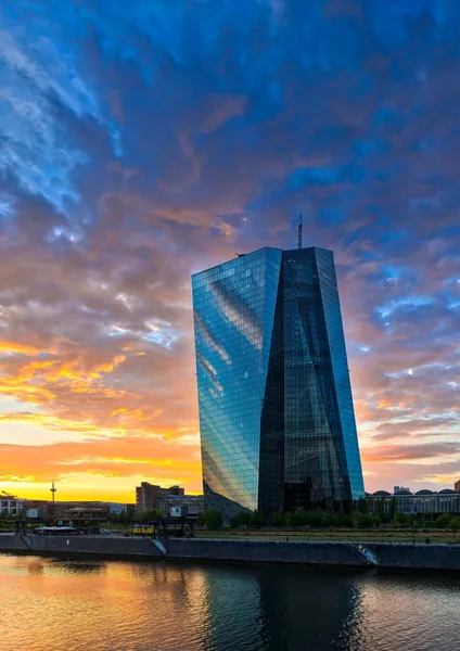 European Central Bank, ECB, at sunset, Deutschherrnbrcke, Frankfurt am Main, Hesse, Germany, Europe