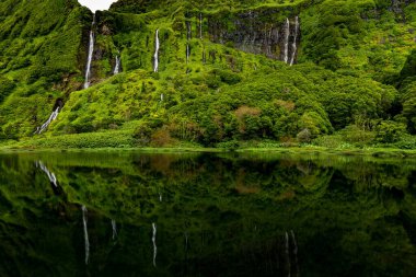 Waterfalls with lake Poo Ribeira do Ferreiro in green landscape, Poco da Alagoinha, Fajzinha, Flores Island, Azores, Portugal, Europe  clipart