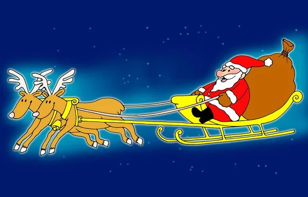 Papai Noel Sentado Seu Trenó Voando Com Renas — Fotografia de Stock