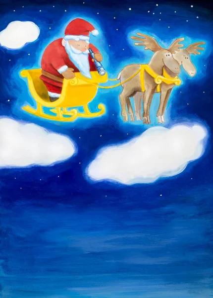Papai Noel Seu Trenó Sobre Nuvens Ilustração — Fotografia de Stock