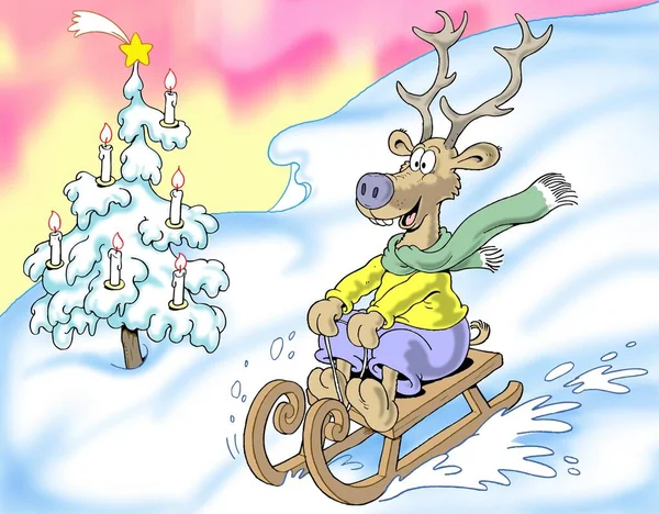 Sledging Merry Reindeer Illustration — Stock Photo, Image