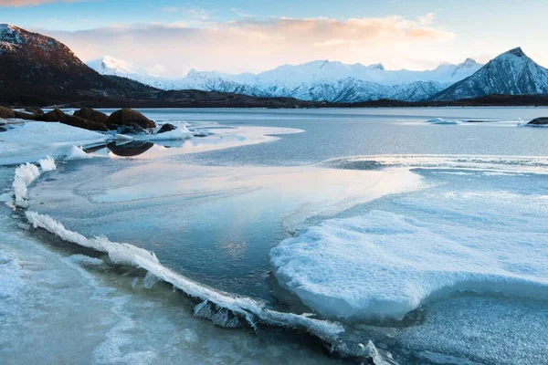 Fiorde Congelado Vatnfjorden Nordpollen Vagan Lofoten Noruega Europa — Fotografia de Stock