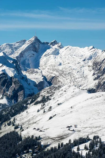 Montaña Saentis Cubierta Nieve 2501M Vista Desde Sureste Alpsigel Abajo — Foto de Stock